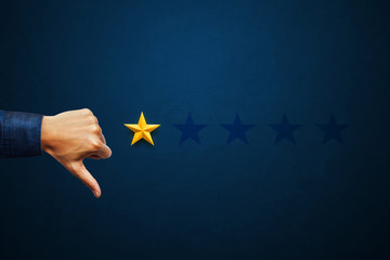 Hand of client show thumb down with one star rating. Service rating, satisfaction concept