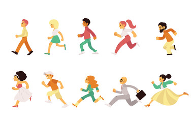 Fototapeta na wymiar Vector illustration set of happy divercity people running forward in flat style isolated on white background - side view of smiling hurrying men and women moving fast and jogging.