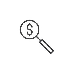 Money search outline icon. linear style sign for mobile concept and web design. Magnifier and dollar simple line vector icon. Symbol, logo illustration. Pixel perfect vector graphics