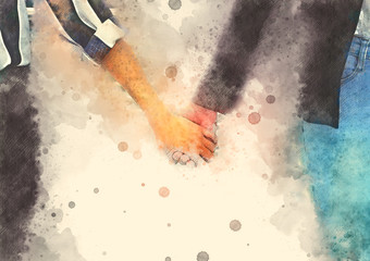 Abstract beautiful girl hand shake on watercolor illustration painting background.