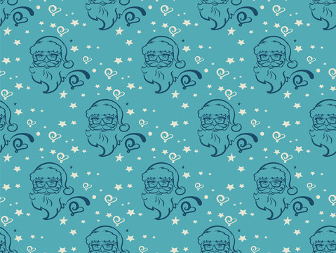 Christmas background, seamless pattern, Santa Claus and calligraphy. Blue Christmas wrapping paper. Retro. Vector illustration