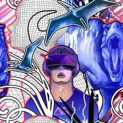 Man wearing VR glasses among the dinosaurs, mesh human silhouette and fantastic plants. © Ekaterina Glazkova