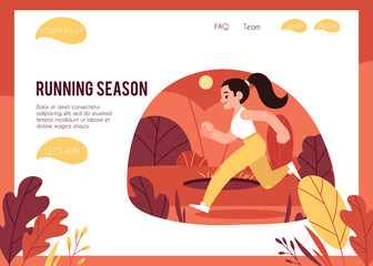 Vector illustration of healthy and active lifestyle concept with woman in sportswear running outdoors in autumn in flat style on web page template. Young girl jogging in fall season.