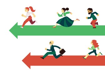 People running along arrows for competition concept in flat style isolated on white background - vector illustration of groups of racing business men and women moving forward to goal achievement.