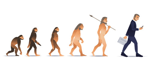 Vector evolution concept with ape to man growth process with monkey, caveman to businessman in suit holding suitcase using smartphone. Mankind development, darwin theory - obrazy, fototapety, plakaty