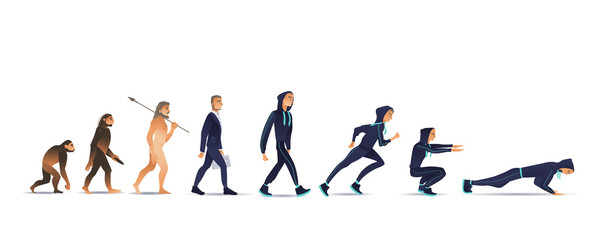 Vector illustration of human evolution from ape to man. Flat isolated evolutionary process of change and development from monkey via businessman in suit to sportsman doing exercises.