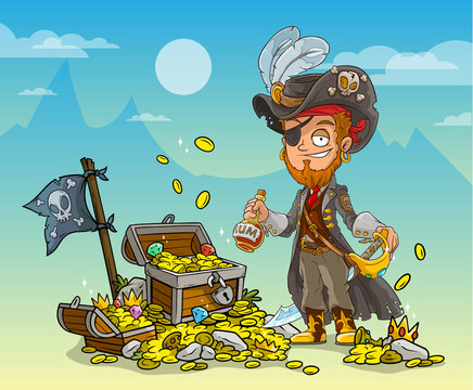Cartoon bearded pirate with rum and treasure chest