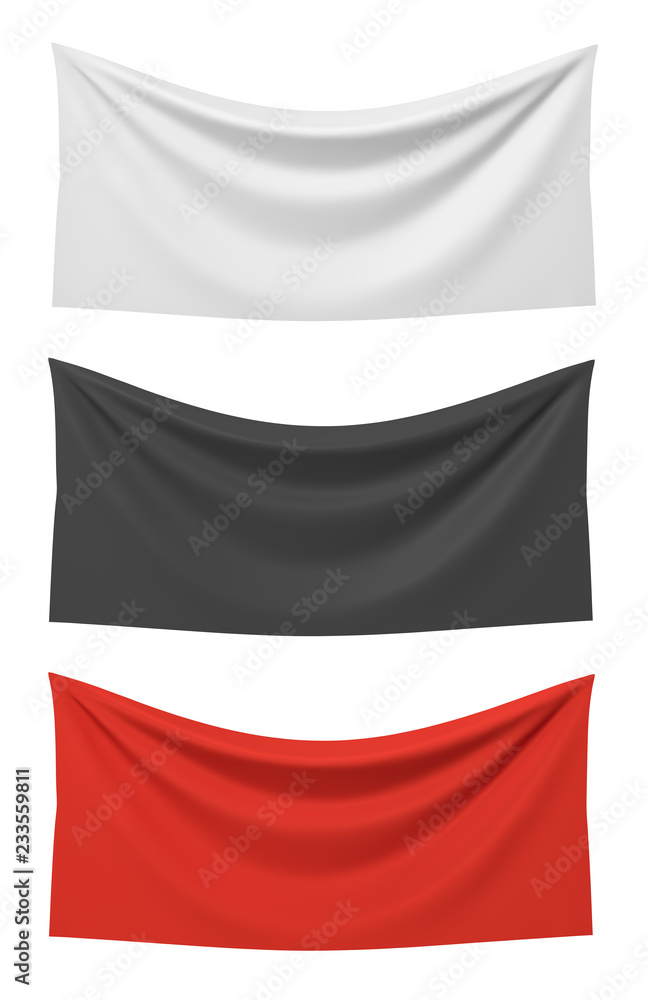 Poster 3d rendering of three horizontally flags of white, black and red colors hanging on a white backgroun