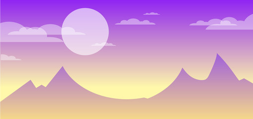 Cartoon mountain landscape background with sunrise