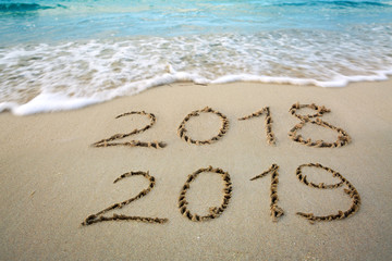 Happy New Year background of coming New Year 2019 and leaving year of 2018.