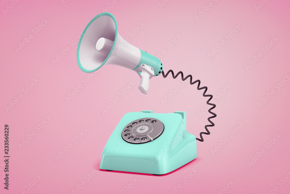 Poster 3d rendering of turquoise retro phone with a dial stands on a pink background connected to a megapho