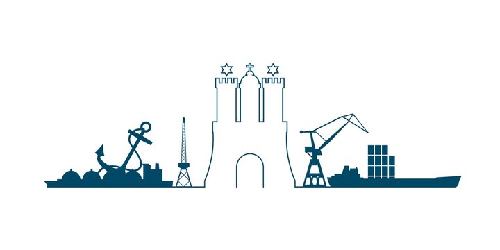 Image relative to Germany travel theme. Hamburg city emblem and nautical transportation icons