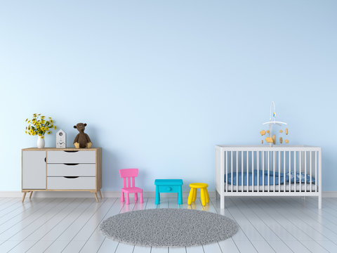 Blue child room interior for mockup, 3D rendering