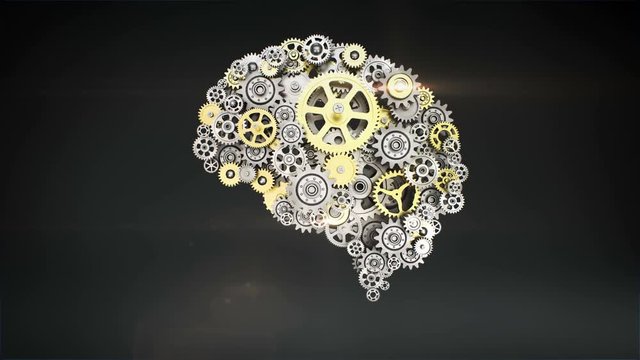 Steel golden gears making human brain shape. human artificial intelligence. 4k animation.