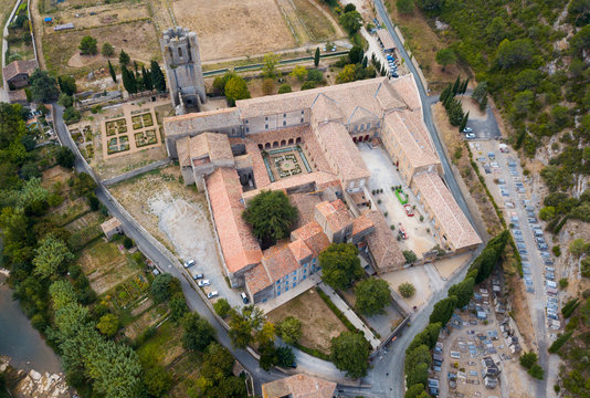 Aerial view  of Castle of Abbey Sainte-Marie d'Orbieu in Lagrasse
