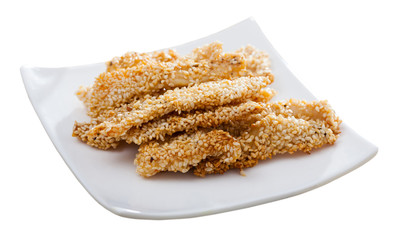Chicken strips in sesame with sauce