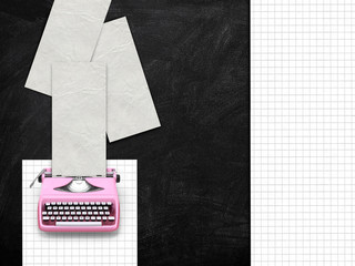 3d illustration rendering of pink typewriter with old paper and squared paper sheet frames on blackboard