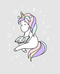 Cute little unicorn is reading a book. Vector isolated illustration.