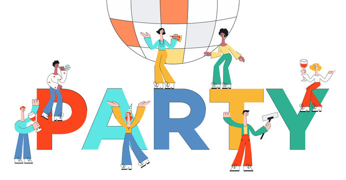 Vector stylized male, female characters at party dancing with disco ball drinking wine from glasses, making selfie on background of friday letters background. Office men, women colleagues or friends