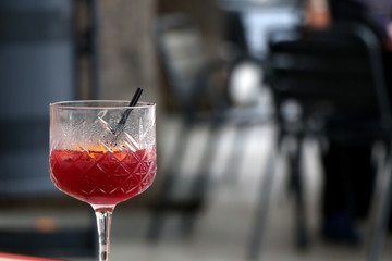 Cold sangria served in a cafe. Sangria is popular Spanish alcoholic drink. Selective focus.