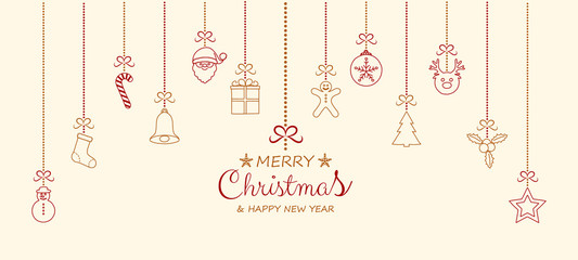 Concept of Christmas greeting card with hanging decorations. Vector.