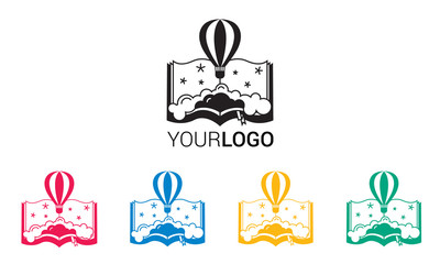 Hot hair balloon flying in a open book logo collection: tour, travel, dream holyday, honeymoon, adventure blog, or company and business logo.
