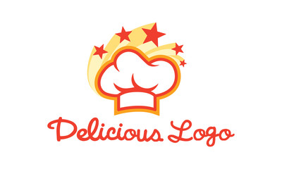 Cooking logo: chef hat and stars. Vector color emblem for restaurant, chef, love kitchen, blog, recipe, food provider, catering, bistrot.