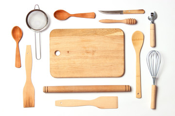 different kitchenware on a light background top view. Cooking appliances. flat lay 
