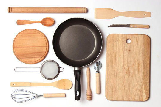 Different Kitchenware On A Light Background Top View. Cooking Appliances. Flat Lay 