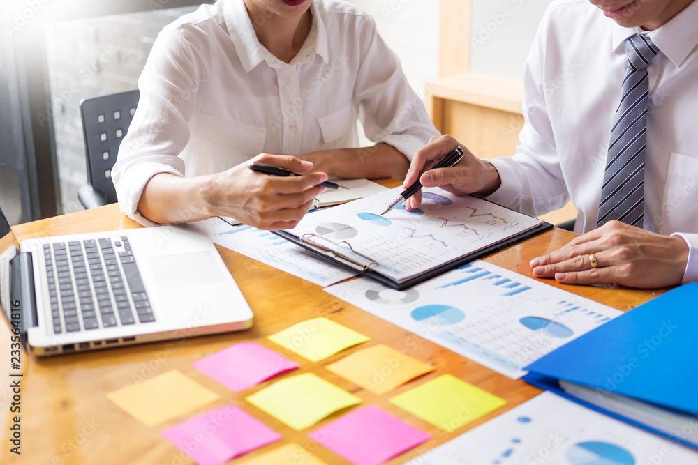 Poster business team data analyzing income charts document during discussion explain strategy meeting. on s