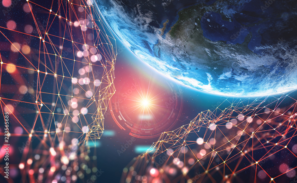 Aufkleber planet earth in the era of digital technology. global communication networks of future. data storage