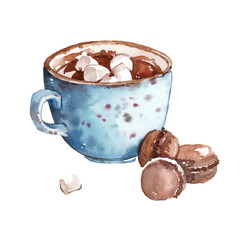 Watercolor hand-painted cacao cup with marshmallows illustration on white background