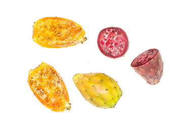Group of one whole four halves of colorful fresh bright prickly pear opuntia flatlay isolated on white background
