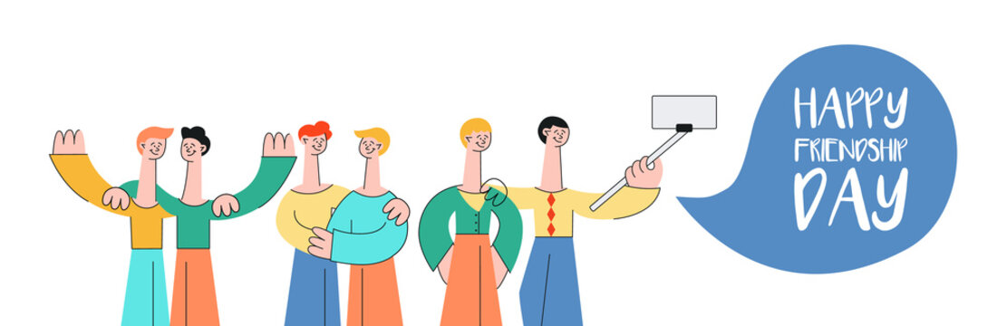 Vector happy friendship day concept poster with stylized male, female friends hugging raising hands up, making selfie. Happy men, women colleagues of friends stanging together