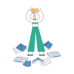 Vector illustration of overworked and tired man standing surrounded by scattered paper documents, books and notebooks on floor and holding head with hands in flat style isolated on white background.