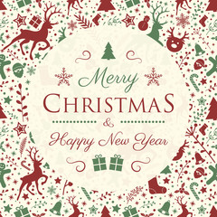 Vintage Christmas card with decorative text and ornaments. Vector.