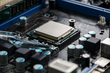 Close-up of CPU Chip Processor. Selective Focus