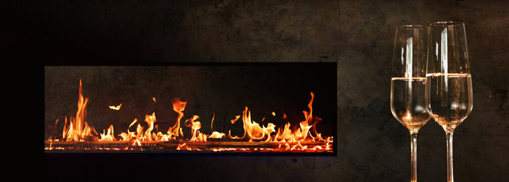 Champagne by the fireplace fire