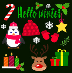 Flat vector stickers for new year and christmas on green background.