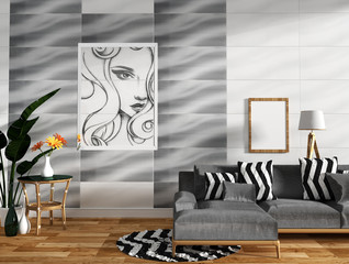 modern living room interior with sofa decoration and green plants on tile wall design,minimal designs, 3d rendering.