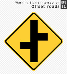 Fototapeta premium Road Sign. Warning. Intersections - Offset roads. Vector Illustration on Transparent Background