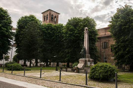 Mortara, monument to the fallen and church of Santa Croce, Italy