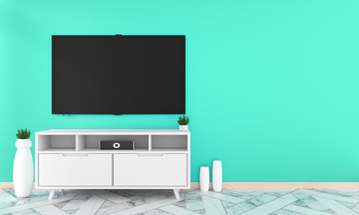 Tv on cabinet design in room interior granite tile floor on mint wall ,minimal designs zen style, 3d rendering