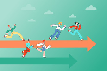People running along arrows indicating correct direction of advance on horizontal banner in flat style - vector illustration of men and women moving forward to goal achievement.