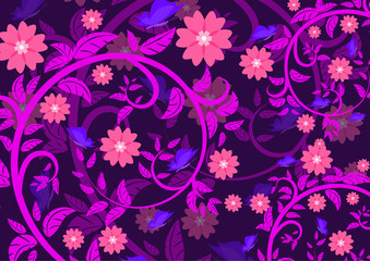 Fototapeta na wymiar Bright floral ornament with butterflies on a dark background .Vector illustration.