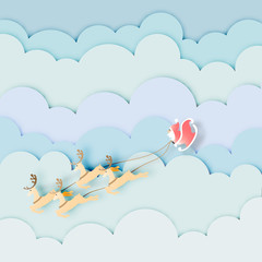 paper art of Santa Claus with reindeer on blue sky and cloud background,Christmas,Festival, Pastel,vector