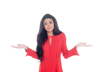 young african american girl in red dress doing dubium gesture isolated on white