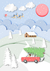 paper art of Santa Claus with reindeer on blue sky and landscape view background,Christmas,Festival, Pastel,vector