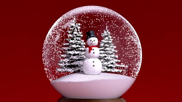A Snowman and two Christmas trees in a snow globe.  