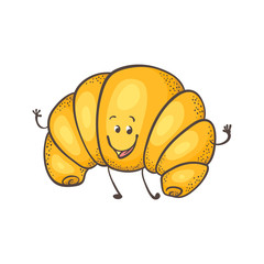 Vector illustration of croissant cartoon character with cute face in sketch style - hand drawn emoticon of puff crescent-shaped bread standing and smiling isolated on white background.